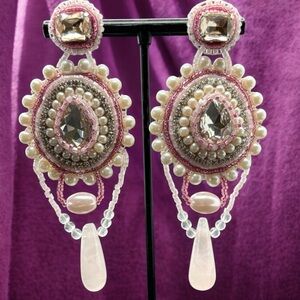 Handmade Pink & White Beads Faux Pearl Rhinestone Rose Quartz Dangle Earrings